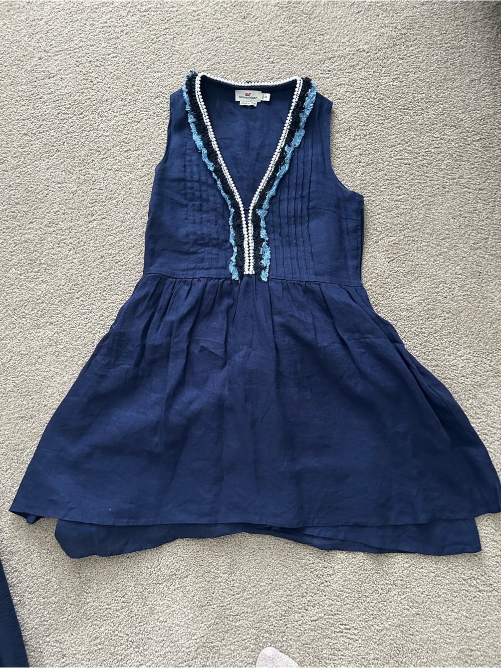 Vineyard Vines Navy Sleeveless Linen Blend Dress XS Tassel Trim